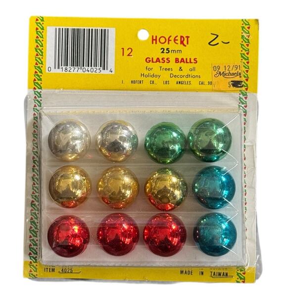 VTG Hofert Christmas Holiday Glass Ball Ornaments 25 mm Set of 12 Taiwan SEALED - Picture 1 of 4